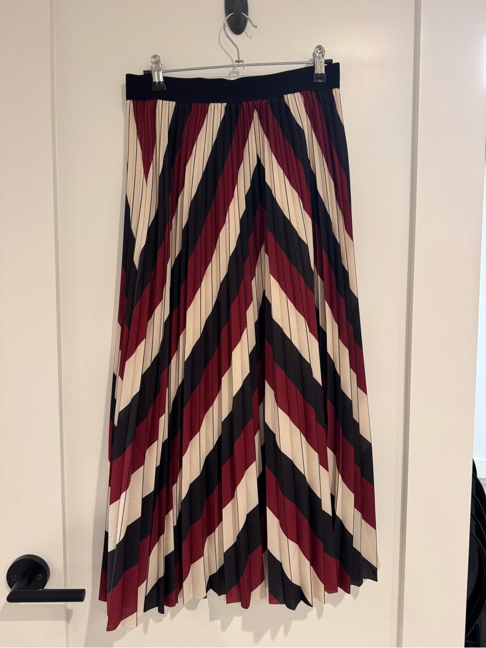 ba&sh Chevron Pleated Maxi Skirt in Burgundy, Black & Cream